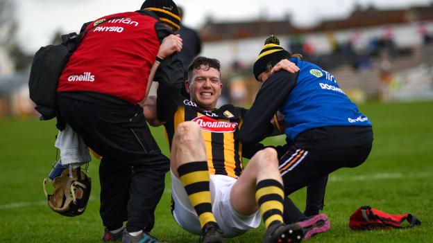 Walter Walsh of Kilkenny is helped to his feet by physio Shane O’Brien, left, and Dr Joanne Cuddihy, after picking up an injury during the Allianz Hurling League Division 1 Group A match between Kilkenny and Offaly at UPMC Nowlan Park in Kilkenny. Photo by Tom Beary/Sportsfile.