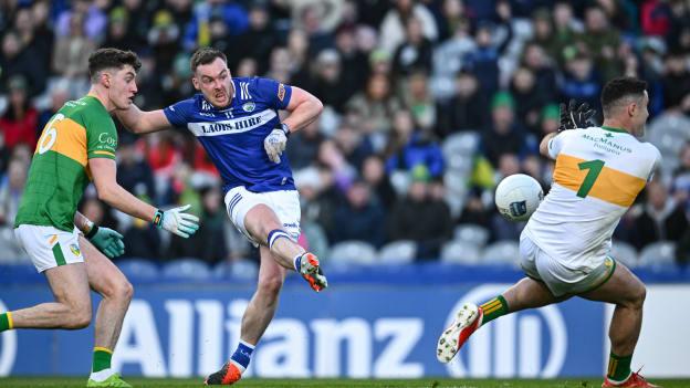 Laois' Eoin Lowry scoring a goal against Leitrim in the Allianz Football League Division Four Final at Croke Park. Photo by Ramsey Cardy/Sportsfile