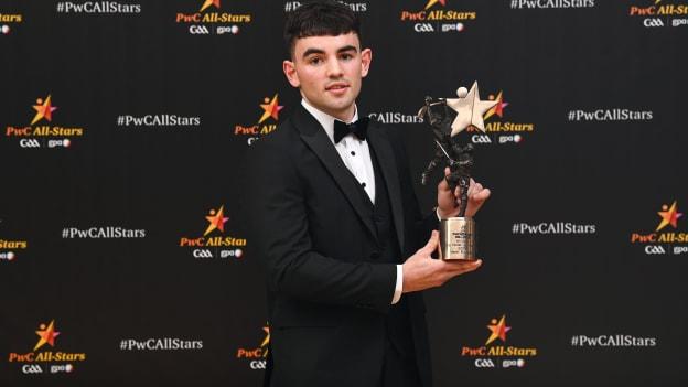 Mark Rodgers of Clare with his PwC GAA/GPA Young Hurler of the Year award during the 2023 PwC GAA/GPA All-Star Awards at the RDS in Dublin. Photo by David Fitzgerald/Sportsfile.