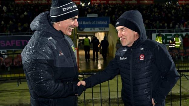 Donegal manager Jim McGuinness and Derry boss Mickey Harte. Photo by Ramsey Cardy/Sportsfile