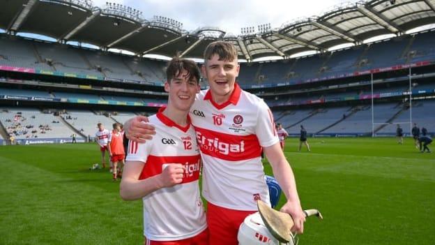 The Derry captain Jack Cassidy, 10, and team mate Ruarí Ó Mianáin celebrate after the 2023 GAA Hurling All-Ireland U20 B Championship Final match between Derry and Roscommon at Croke Park in Dublin. Photo by Ray McManus/Sportsfile