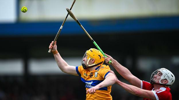 Shane Meehan of Clare is tackled by Tommy O'Connell of Cork during the Allianz Hurling League Division 1 Group A match between Clare and Cork at Cusack Park in Ennis, Clare. Photo by Ray McManus/Sportsfile