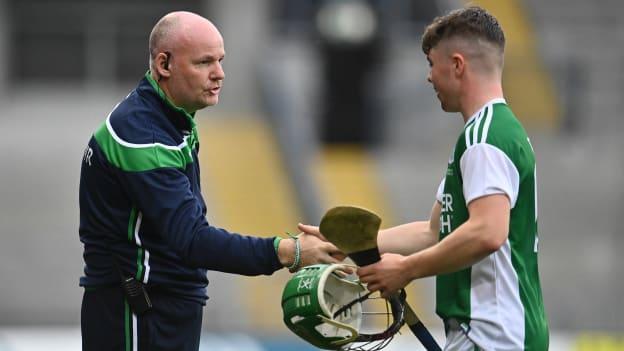 Fermanagh manager Joe Baldwin congratulates hat-trick hero Tom Keenan of Fermanagh after he is substituted during the 2021 Lory Meagher Cup Final match between Fermanagh and Cavan at Croke Park in Dublin. Photo by Sam Barnes/Sportsfile