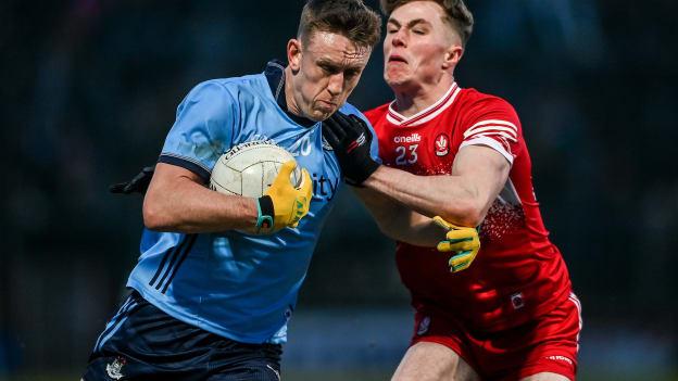 Tom Lahiff of Dublin in action against Eoin McEvoy of Derry during the Allianz Football League Division 1 match between Derry and Dublin at Celtic Park in Derry. Photo by David Fitzgerald/Sportsfile.