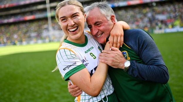 Orlagh Lally of Meath celebrates with an emotional Meath manager Eamonn Murray after the 2022 TG4 All-Ireland Ladies Football Senior Championship Final match between Kerry and Meath at Croke Park in Dublin. Photo by Ramsey Cardy/Sportsfile.