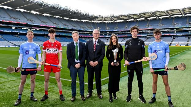Uachtarán Chumann Lúthchleas Gael Jarlath Burns, centre, with, from left, Dublin Celtic Challenge hurler Callum Dee, Derry hurler Ruairi O'Mianain, Shane Flanagan, GAA director of Coaching and Games, Aiste Petraityte, Brand and Sponsorhip manager at Electric Ireland, Sligo hurler Tony O'Kelly-Lynch and Dublin Celtic Challenge hurler Scott Cassidy Walker during the launch of the Electric Ireland Celtic Challenge at Croke Park in Dublin. Photo by Ben McShane/Sportsfile