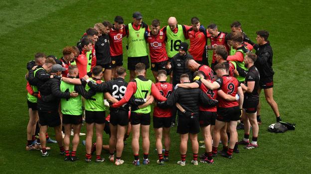 Down manager Conor Laverty speaks to his players ahead of the 2023 Tailteann Cup Final match between Down and Meath at Croke Park in Dublin. Photo by Daire Brennan/Sportsfile