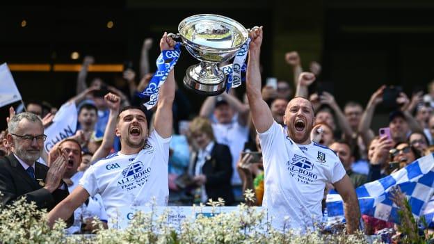 Monaghan joint captains Niall Garland, left, and Kevin Crawley lift the Lory Meagher cup after their side's victory in the Lory Meagher Cup Final match between Monaghan and Lancashire at Croke Park in Dublin. Photo by Harry Murphy/Sportsfile
