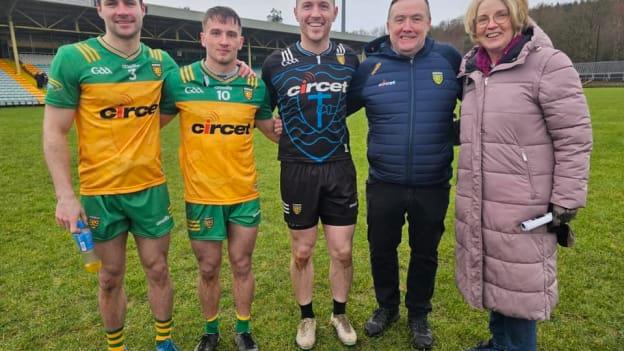 
Left to right, St. Naul's and Donegal footballers Brendan McCole, Peadar Mogan, and Gavin Mulreaney pictured with St. Naul's Club Chairperson Cieran Kelly, and Donegal Chairperson and former St. Naul's Club Secretary, Mary Coughlan. 