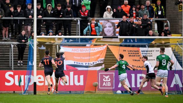 Stefan Campbell netting a goal for Armagh against Fermanagh in the Ulster SFC. Photo by Ramsey Cardy/Sportsfile