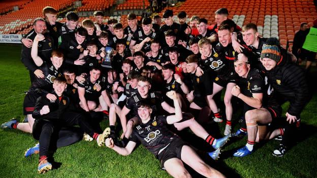 Down players celebrate with the cup after the 2023 EirGrid Ulster U20 Football Championship Final match between Derry and Down at BOX-IT Athletic Grounds in Armagh. Photo by Ben McShane/Sportsfile