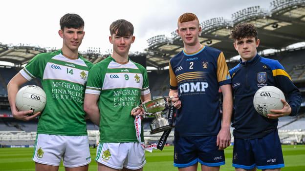 In attendance at the Masita All-Ireland Post Primary Schools Captains Call at Croke Park in Dublin were, from left, Eoin Travers and Chris Kelly McAvoy of St Malachy's Castlewellan, Sean Rinn and Jamie Maloney of Tarbert Comprehensive. Photo by David Fitzgerald/Sportsfile