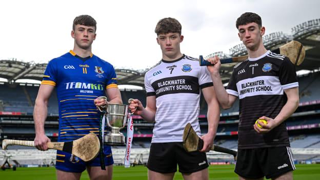 In attendance at the Masita All-Ireland Post Primary Schools Captains Call at Croke Park in Dublin are, from left, Joseph McLoughlin of St Killian's College, Ben O'Sullivan and Joe O'Keeffe of Blackwater Community College. Photo by David Fitzgerald/Sportsfile.