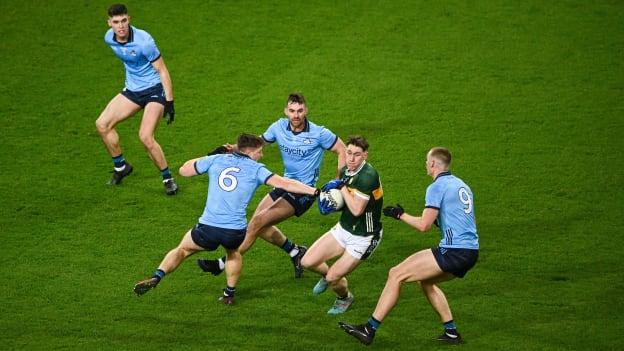 Cillian Burke of Kerry is surrounded by Dublin players, from left, Theo Clancy, John Small, Seán MacMahon and Peadar O Cofaigh Byrne during the Allianz Football League Division 1 match between Dublin and Kerry at Croke Park in Dublin. Photo by Ray McManus/Sportsfile.