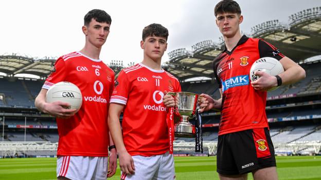 In attendance at the Masita All-Ireland Post Primary Schools Captains Call at Croke Park in Dublin are, from left, Callum McCrea and Senan Kerr, Abbey Vocational School, and Evan O'Kane Ashbourne CS, Meath. Photo by David Fitzgerald/Sportsfile