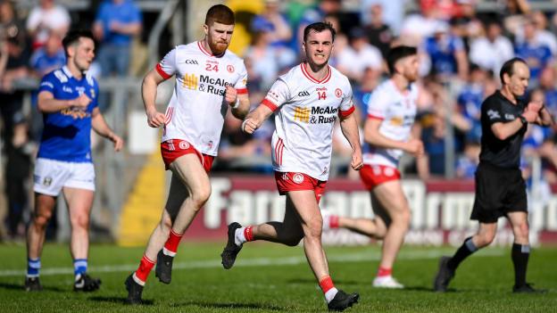 Darragh Canavan of Tyrone, centre, celebrates after kicking a point during the Ulster GAA Football Senior Championship quarter-final match between Cavan and Tyrone at Kingspan Breffni in Cavan. Photo by Seb Daly/Sportsfile.