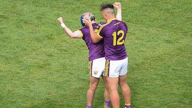 Kevin Foley, left, and Conor McDonald of Wexford celebrate after the 2019 Leinster GAA Hurling Senior Championship Final match between Kilkenny and Wexford at Croke Park in Dublin. Photo by Daire Brennan/Sportsfile