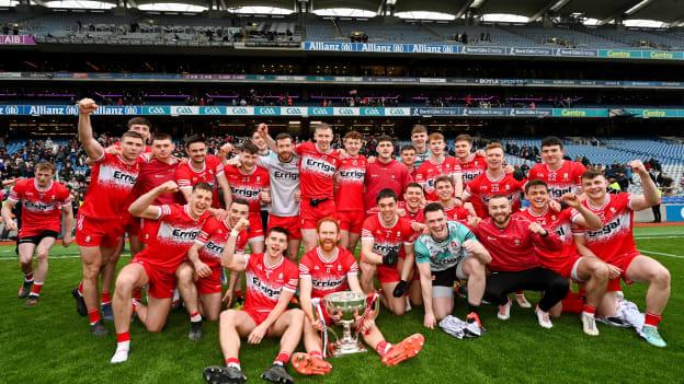 The Derry team celebrate after the Allianz Football League Division 1 Final match between Dublin and Derry at Croke Park in Dublin. Photo by Ramsey Cardy/Sportsfile.