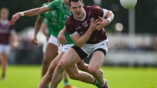 Cein Darcy, Galway, and Oran Kerr, London, in Connacht SFC action at McGovern Park. Photo by Brendan Moran/Sportsfile