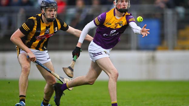 Eoin Ryan of Wexford in action against Billy Drennan of Kilkenny during the 2022 oneills.com Leinster GAA Hurling U20 Championship Final match between Wexford and Kilkenny at Netwatch Cullen Park in Carlow. Photo by Piaras Ó Mídheach/Sportsfile