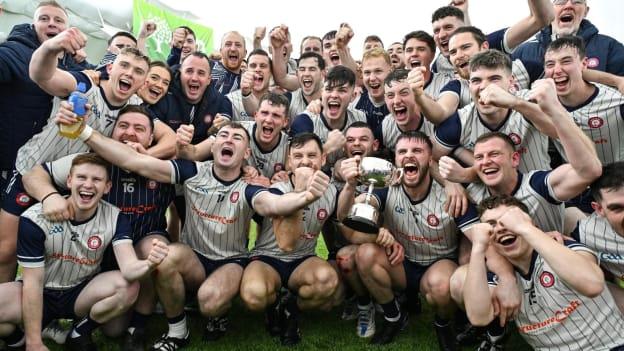 The New York hurlers celebrate victory over Mayo in the 2024 Connacht Hurling League Final. 
