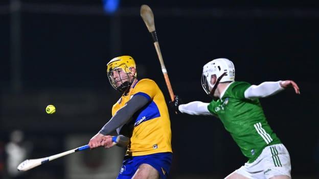 Mark Rodgers of Clare in action against Fergal O'Connor of Limerick during the Co-Op Superstores Munster Hurling League Group A match between Clare and Limerick at Clarecastle GAA astro pitch in Clare. Photo by Piaras Ó Mídheach/Sportsfile