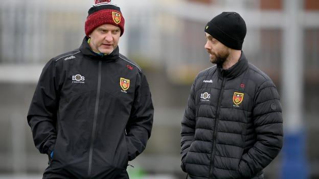 Down manager Conor Laverty, right, and coach Ciaran Meenagh before the Allianz Football League Division 3 match between Westmeath and Down at TEG Cusack Park in Mullingar, Westmeath. Photo by Seb Daly/Sportsfile