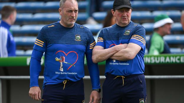 Tipperary manager Liam Cahill, left, and selector TJ Ryan during the Munster GAA Hurling Senior Championship Round 4 match between Tipperary and Limerick at FBD Semple Stadium in Thurles, Tipperary. Photo by Brendan Moran/Sportsfile