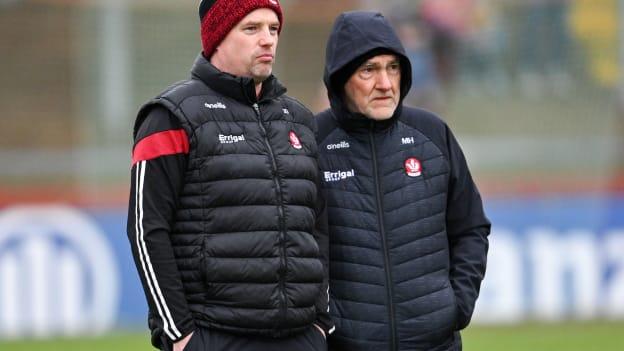 Derry coach Gavin Devlin, left, and Derry manager Mickey Harte before the Allianz Football League Division 1 match between Derry and Tyrone at Celtic Park in Derry. Photo by Ramsey Cardy/Sportsfile.