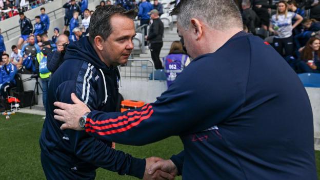 Waterford manager Davy Fitzgerald, left, and Cork manager Pat Ryan after the 2023 Munster GAA Hurling Senior Championship Round 2 match between Cork and Waterford at Páirc Uí Chaoimh in Cork. Photo by David Fitzgerald/Sportsfile