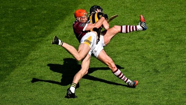 David Blanchfield of Kilkenny is tackled by Conor Whelan of Galway during the 2023 Leinster GAA Hurling Senior Championship Final match between Kilkenny and Galway at Croke Park in Dublin. Photo by Seb Daly/Sportsfile