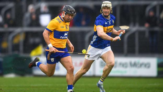 David Reidy of Clare in action against Bryan O'Mara of Tipperary during the Allianz Hurling League Division 1 semi-final match between Clare and Tipperary at Laois Hire O'Moore Park in Portlaoise, Laois. Photo by John Sheridan/Sportsfile.