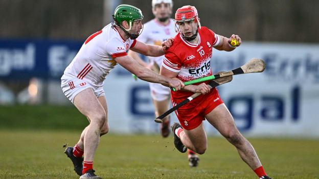 John Mullan of Derry in action against Aidan Kelly of Tyrone during the Allianz Hurling League Division 2B final match between Derry and Tyrone at the Derry GAA Centre of Excellence in Owenbeg, Derry. The two teams meet again in the Christy Ring Cup this weekend. Photo by Ben McShane/Sportsfile