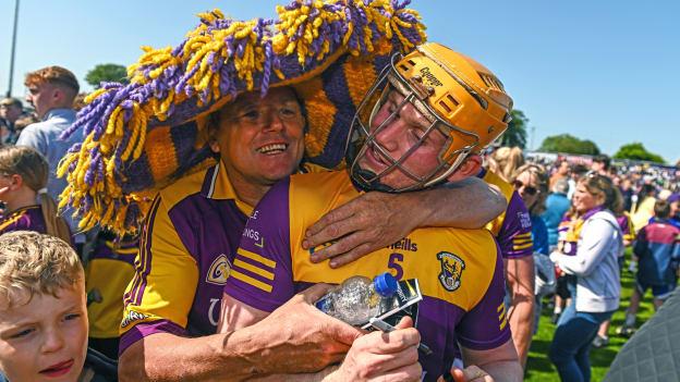 Simon Donohoe of Wexford celebrates with supporter Myle Connors after the 2023 Leinster GAA Hurling Senior Championship Round 5 match between Wexford and Kilkenny at Chadwicks Wexford Park in Wexford. Photo by Eóin Noonan/Sportsfile