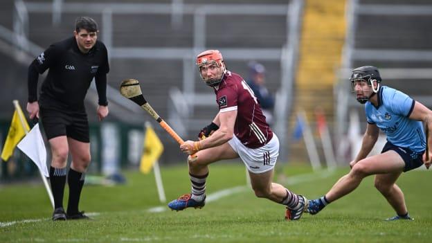 Conor Whelan of Galway in action against Dónal Burke of Dublin during the 2024 Allianz Hurling League Division 1 Group B match between Galway v Dublin at Pearse Stadium in Galway. Photo by Piaras Ó Mídheach/Sportsfile