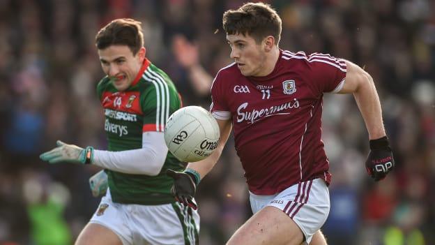 Shane Walsh, Galway, and Jason Doherty, Mayo in action during an Allianz Football League Division One match at Pearse Stadium in February 2018.