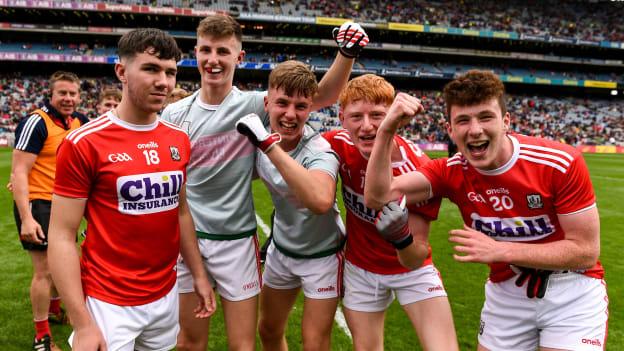 Cork players, including Nathan Gough, left, Jack Cahalane, second from right, and Luke Murphy of Cork, celebrate following the Electric Ireland GAA Football All-Ireland Minor Championship Semi-Final match between Cork and Mayo at Croke Park in Dublin. 