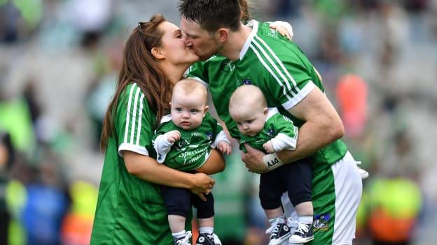 Séamus Hickey of Limerick celebrates with his wife Ellen and sons Matthew and Patrick after the 2018 GAA Hurling All-Ireland Senior Championship Final.