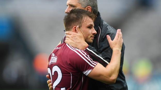 Galway manager Kevin Walsh congratulates Eoghan Kerin after victory over Kerry in the All-Ireland SFC Quarter-Final. 