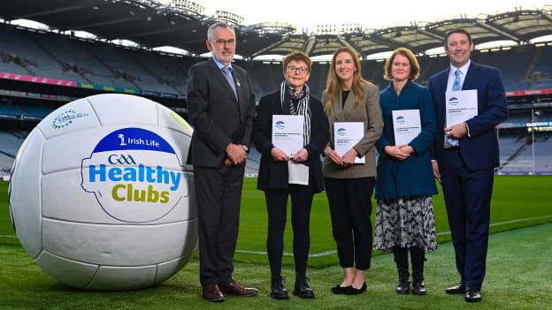 In attendance at the Irish Life GAA Healthy Clubs Social Return of Investment evaluation report launch are, from left, Uachtarán Chumann Lúthchleas Gael Larry McCarthy, Healthy Ireland national policy lead Biddy O'Neill, Sarah Kerrigan of Irish Life, Just Economics director Dr Eilís Lawlor, and Irish Life chief executive officer Declan Bolger, at Croke Park in Dublin. Photo by Seb Daly/Sportsfile