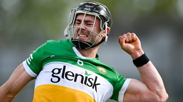 Offaly captain Jason Sampson celebrates his side's midland derby victory over Laois this afternoon at Glenisk O'Connor Park in Tullamore. 