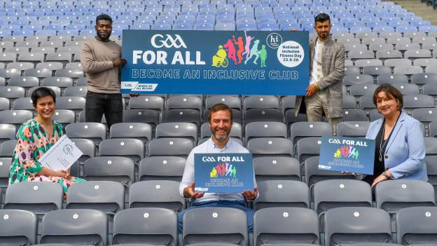 In attendance at the announcement of the GAA's first National Inclusive Fitness Day at Croke Park in Dublin last September were, from left, MEP Maria Walsh, GAA Ambassador and Westmeath footballer Boidu Sayeh, GAA Community and Health Manager Colin Regan, GAA Ambassador and Leitrim hurler Zak Moradi, and Anne Rabbitte T.D., Minister of State, Department of Children, Disability, Equality and Integration with responsibility for Disability. 