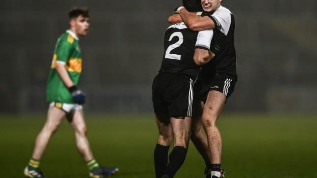 Shealin Johnston, right, and Niall Branagan of Kilcoo celebrate at the final whistle after the AIB Ulster GAA Football Club Senior Championship Semi-Final match between Glen and Kilcoo at Athletic Grounds in Armagh. 