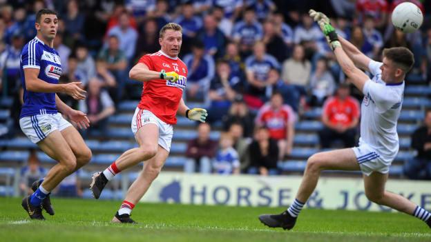 Brian Hurley of Cork scores his second goal past Laois goalkeeper Graham Brody during the GAA Football All-Ireland Senior Championship Round 4 match between Cork and Laois at Semple Stadium in Thurles, Tipperary. 
