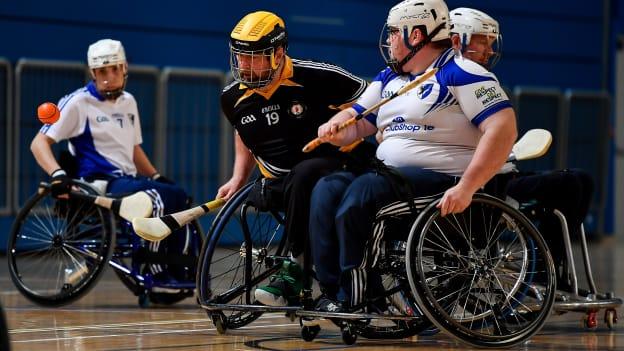 Peadar Heffron of Ulster in action against Shane Curran of Connacht during the M.Donnelly GAA Wheelchair Hurling All-Ireland Finals at National Indoor Arena in Abbotstown, Dublin.