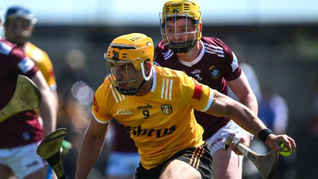 Michael Bradley, Antrim, and Owen McCabe, Westmeath, in Leinster SHC action at TEG Cusack Park. Photo by Tyler Miller/Sportsfile