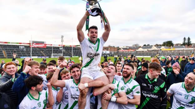 Dessie Conneely lifts the Shane McGettigan Cup at Pearse Stadium.