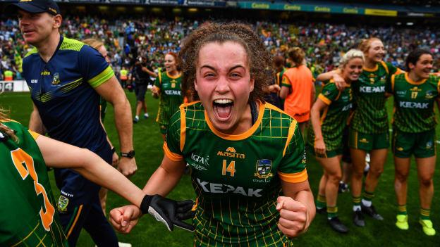 Emma Duggan of Meath celebrates after the 2021 TG4 All-Ireland Ladies Senior Football Championship Final match between Dublin and Meath at Croke Park in Dublin. 