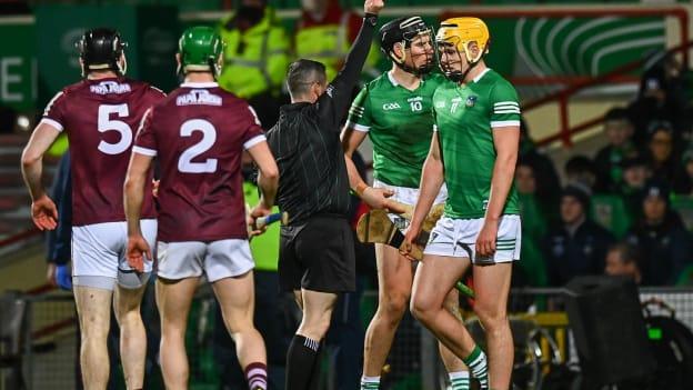 Gearoid Hegarty of Limerick is shown a red card by referee Fergal Horgan during the Allianz Hurling League Division 1 Group A match between Limerick and Galway at TUS Gaelic Grounds in Limerick. 
