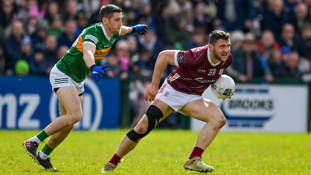Damien Comer, Galway, and Paul Geaney, Kerry, in Allianz Football League action at Pearse Stadium. Photo by Brendan Moran/Sportsfile
